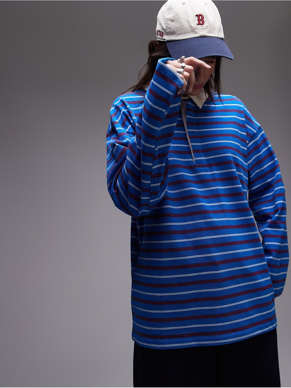 Topshop Stripe Long Sleeve Rugby Polo Shirt Blue Women Small